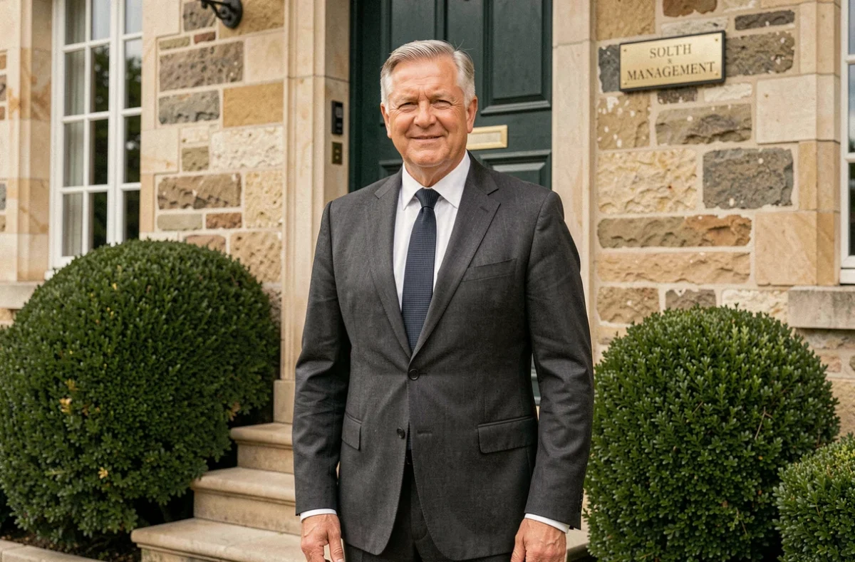 Le dirigeant de Jacquart Gestion devant le siège en pierre de l'agence, incarnant l'expertise et la tradition en gestion de copropriété