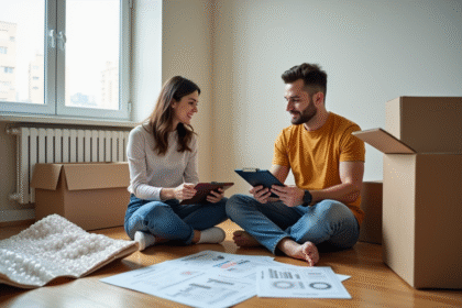 Jeune couple discutant dans un appartement en transition