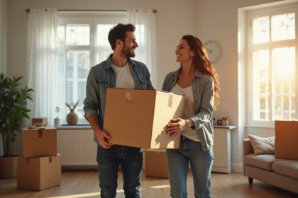 Jeune couple souriant avec cartons dans un appartement lumineux