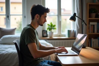Étudiant de 20 ans sur son ordinateur à Perpignan