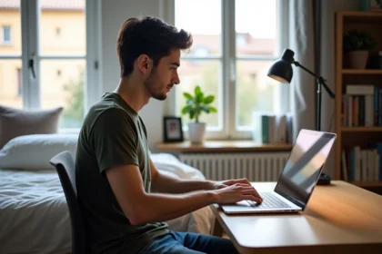 Étudiant de 20 ans sur son ordinateur à Perpignan