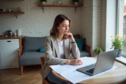 Jeune femme en blazer examine des plans dans un studio moderne
