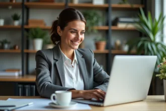 Jeune femme professionnelle travaillant à son bureau à domicile