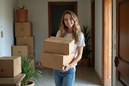 Jeune femme souriante avec cartons dans un couloir d'appartement