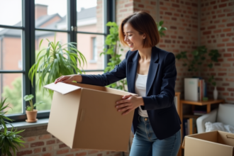 Jeune femme déballant une box dans un appartement moderne