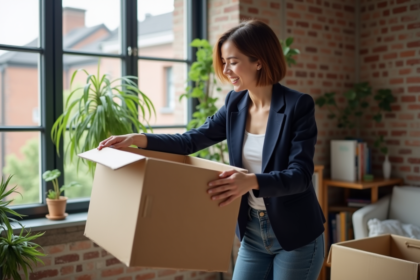 Jeune femme déballant une box dans un appartement moderne