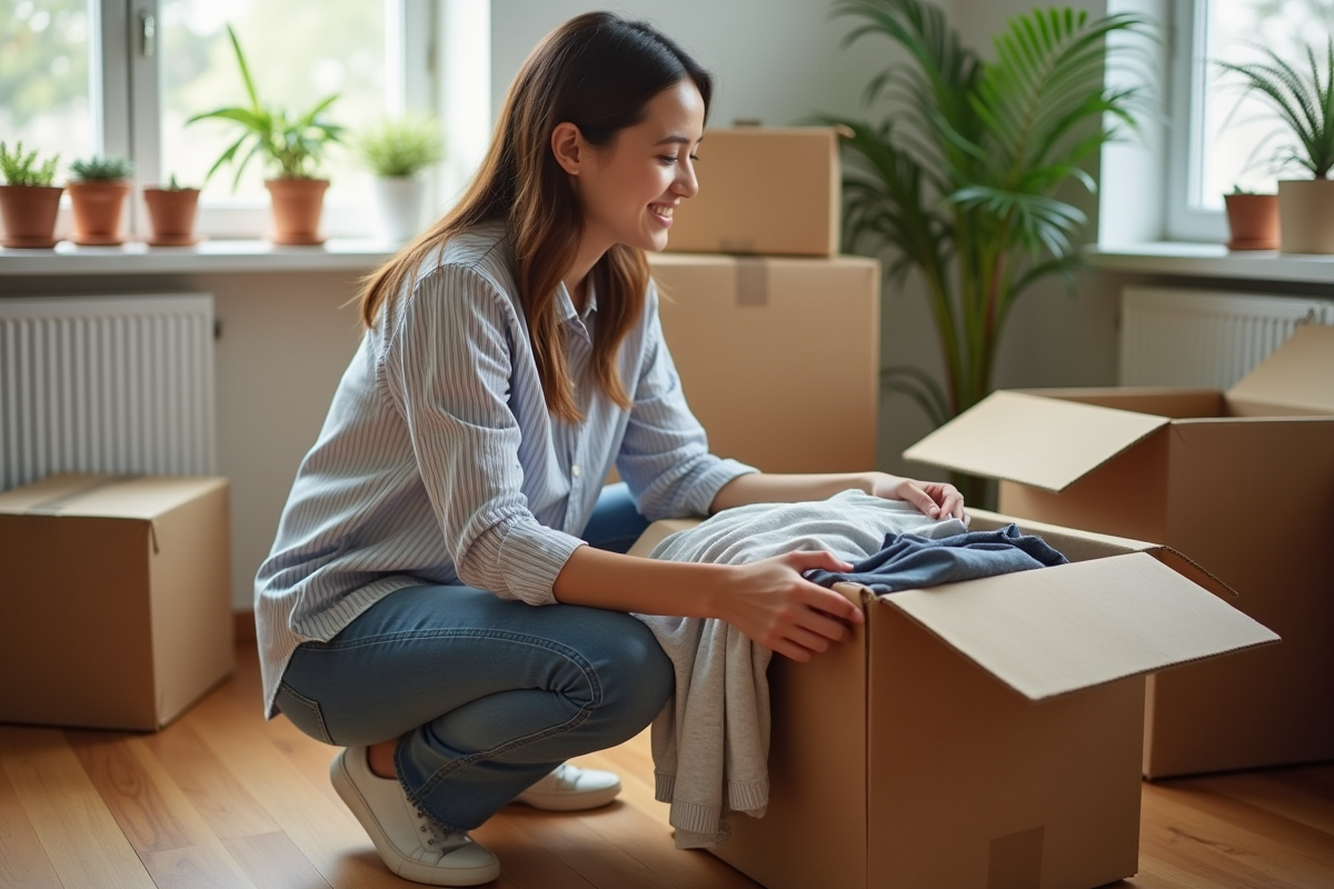 Jeune femme plie des vêtements dans un appartement lumineux
