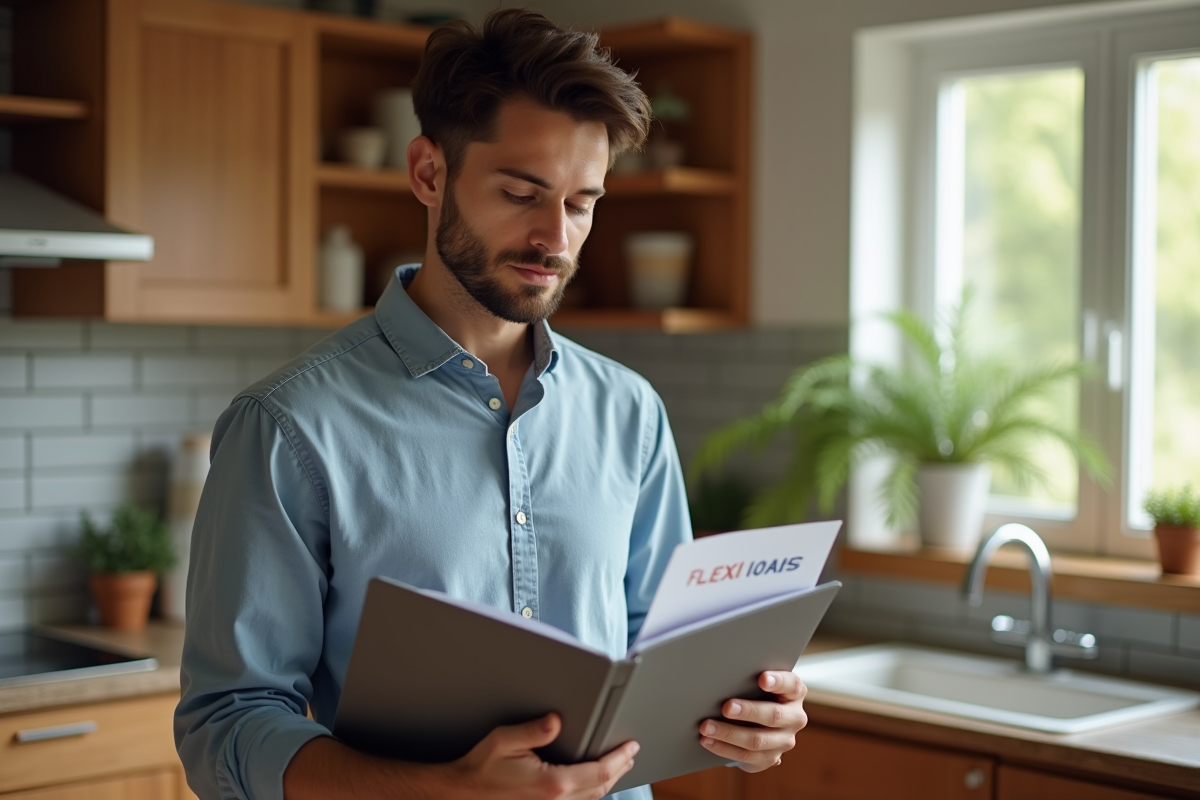 Jeune homme comparant dossiers de prêt dans la cuisine
