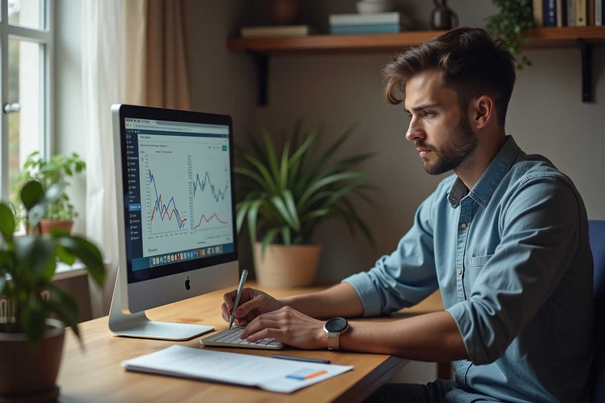 Jeune homme regardant des graphiques en déclin sur son ordinateur