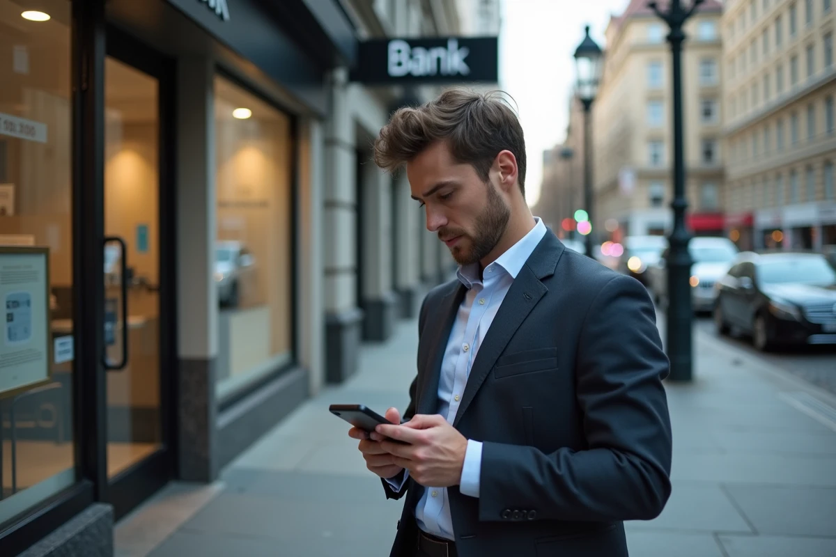 Jeune homme vérifiant les taux de prêt immobilier devant une banque