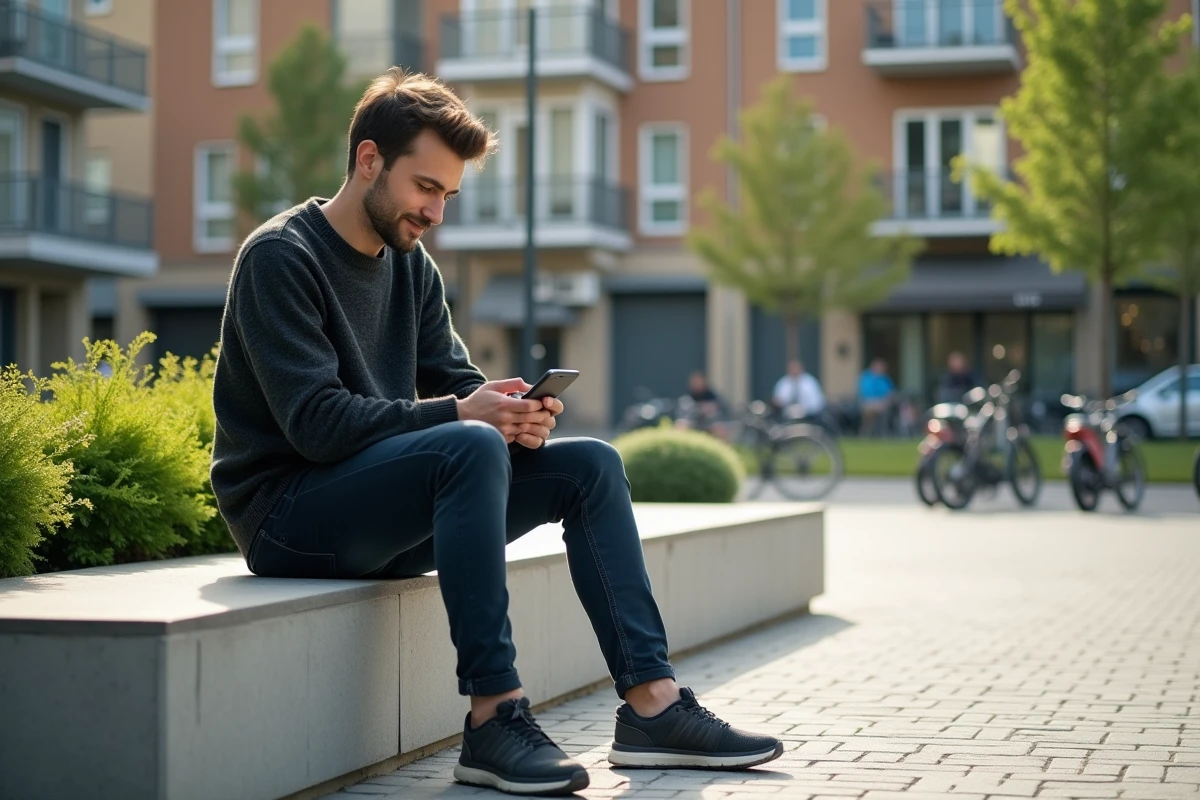 Jeune homme assis sur un banc à Ile Verte avec son téléphone