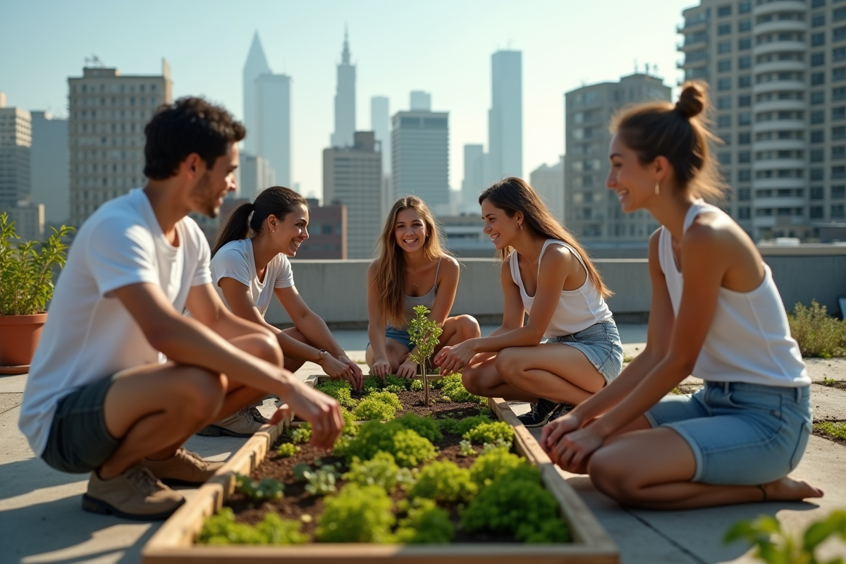Jeunes adultes plantant des arbustes sur un toit urbain