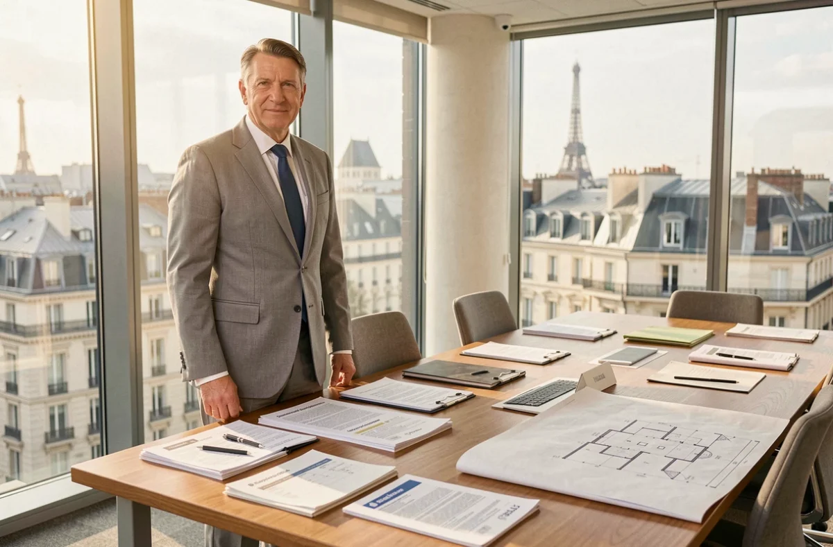 Un responsable de La Tribune Gestion présentant des rapports de gestion immobilière dans une salle de réunion moderne