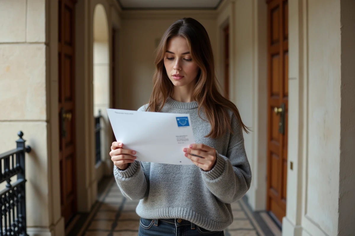 Locataire recevant une lettre de congé recommandée dans le couloir d'un immeuble parisien, illustrant le préavis légal de la loi du 6 juillet 1989