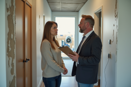 Propriétaire et locataire discutent face à des dégâts d'eau dans un appartement