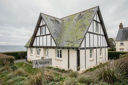 Maison normande à colombages avec panneau À Vendre et vue sur la mer en arrière-plan