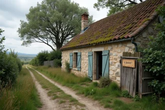 Ancienne maison en pierre à donner gratuitement en zone rurale française avec pancarte artisanale sur le portail