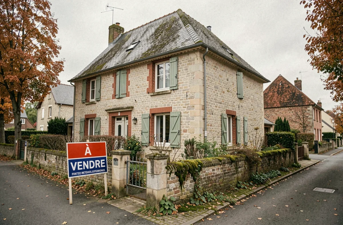 Maison familiale à vendre dans l'Oise avec panneau agence immobilière en contexte de séparation conjugale