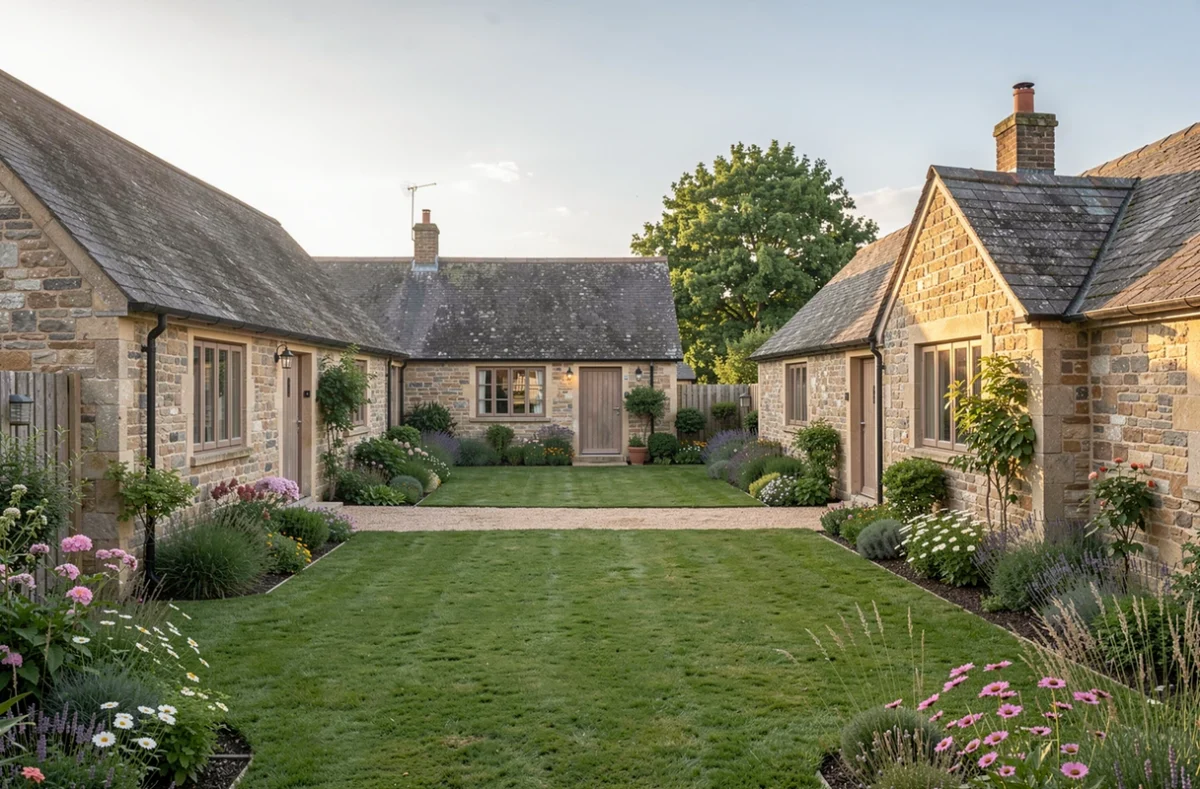 Maisons de plain-pied avec jardinet autour d’une place commune