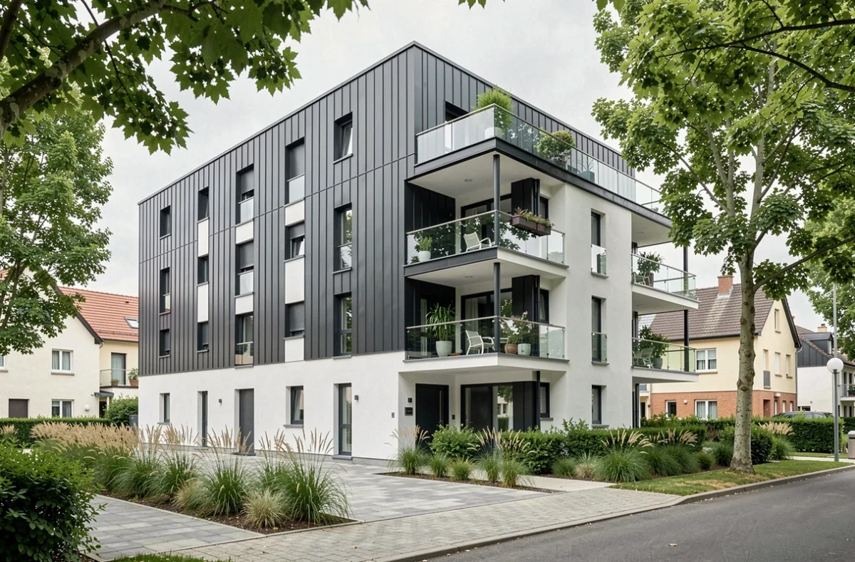 Résidence Marignan dans les Yvelines avec façade zinc et blanc et cour paysagée