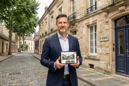 Agent immobilier devant un bâtiment en pierre typique de l'Aisne tenant une tablette avec des annonces immobilières
