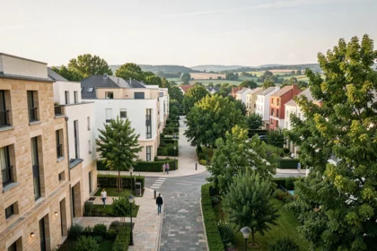 Vue panoramique d'un quartier résidentiel moderne dans les Yvelines avec des immeubles neufs et des espaces verts