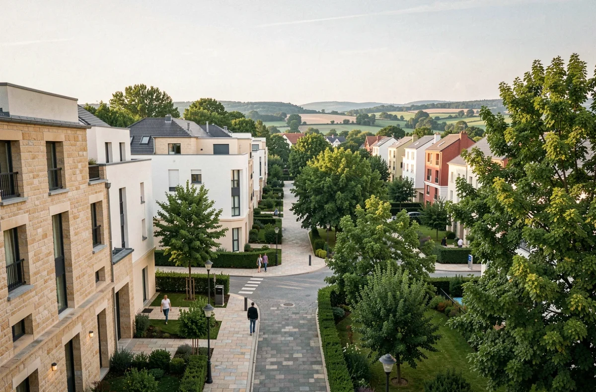 Vue panoramique d'un quartier résidentiel moderne dans les Yvelines avec des immeubles neufs et des espaces verts