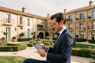 Un gestionnaire de copropriété professionnel devant un immeuble résidentiel en Nouvelle-Aquitaine