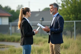 Homme en blazer parlant à une femme avec tablette en extérieur