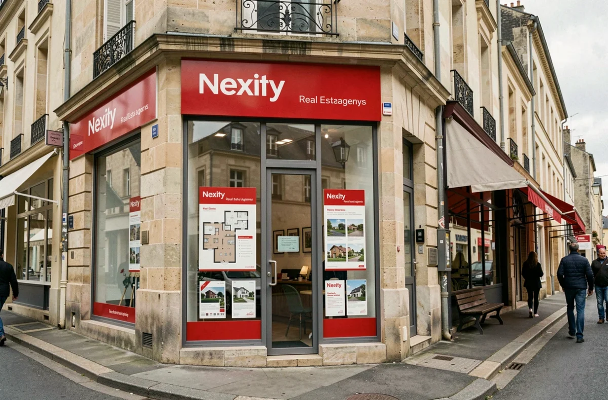 Agence Nexity dans une ville des Yvelines avec vitrines de programmes immobiliers neufs