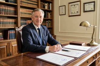 Notaire de Limoges assis à son bureau en bois avec des documents officiels et un stylo plume, dans un cadre professionnel traditionnel