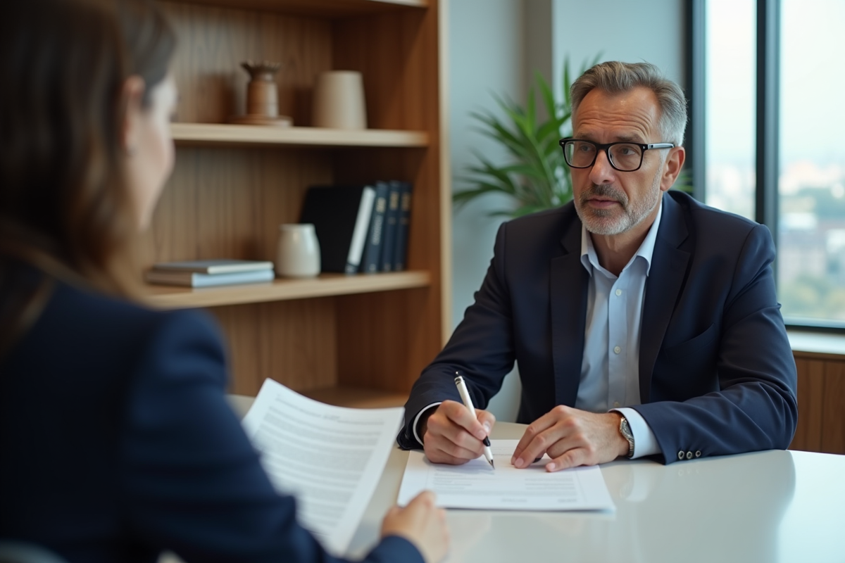 Notaire en costume dans un bureau moderne avec documents