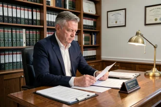 Notaire examinant des documents de vente immobilière dans un bureau juridique de l'Oise lors d'un divorce conflictuel