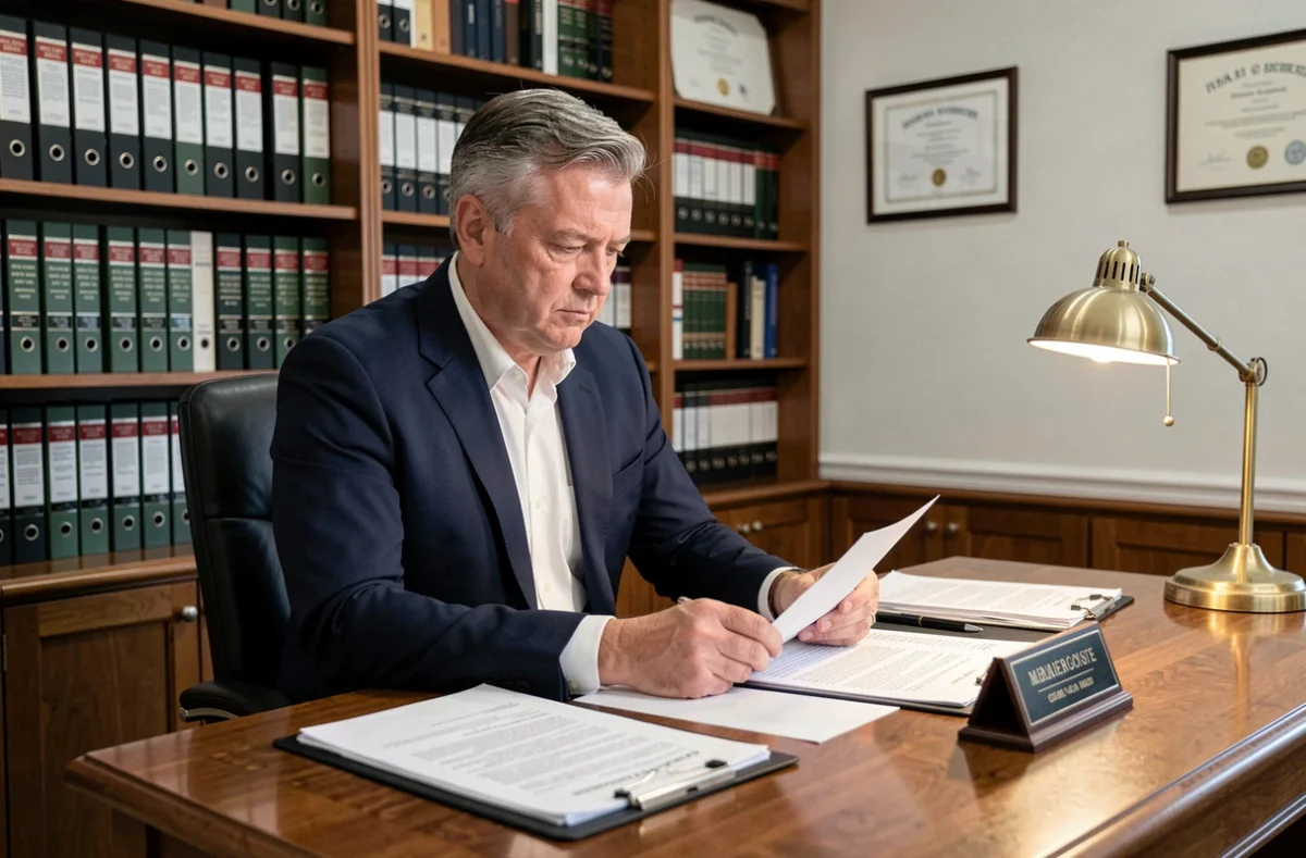 Notaire examinant des documents de vente immobilière dans un bureau juridique de l'Oise lors d'un divorce conflictuel