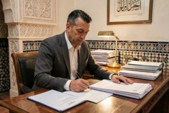 Notaire marocain examinant des documents de vente immobilière dans un bureau traditionnel de Marrakech