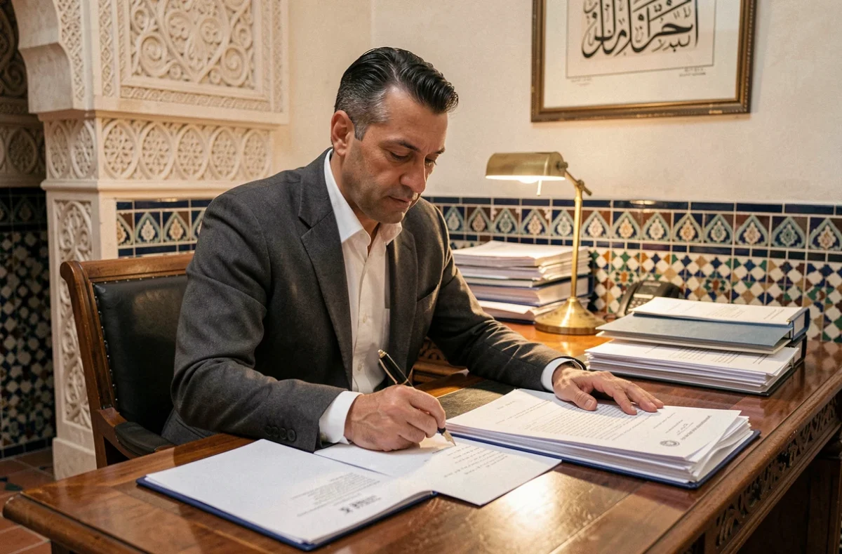 Notaire marocain examinant des documents de vente immobilière dans un bureau traditionnel de Marrakech