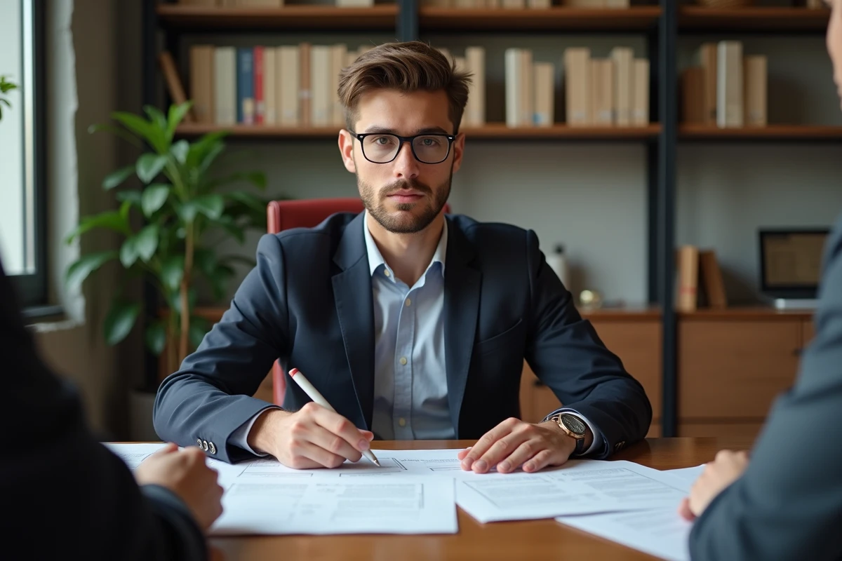 Jeune notaire en bureau étudiant des certificats urbains