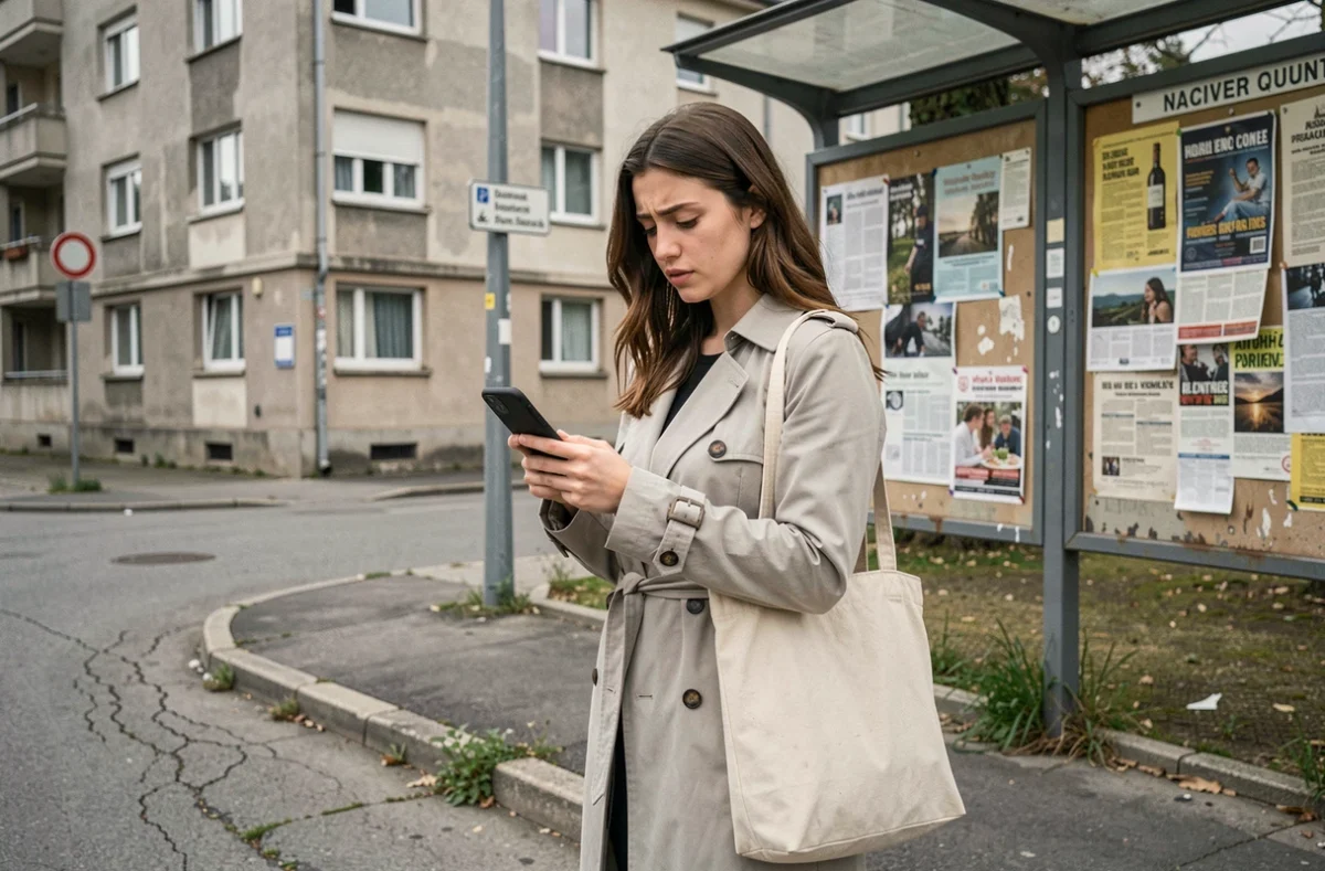 Jeune femme perdue à un arrêt de bus dans un quartier modeste de Brive-la-Gaillarde consultant son téléphone