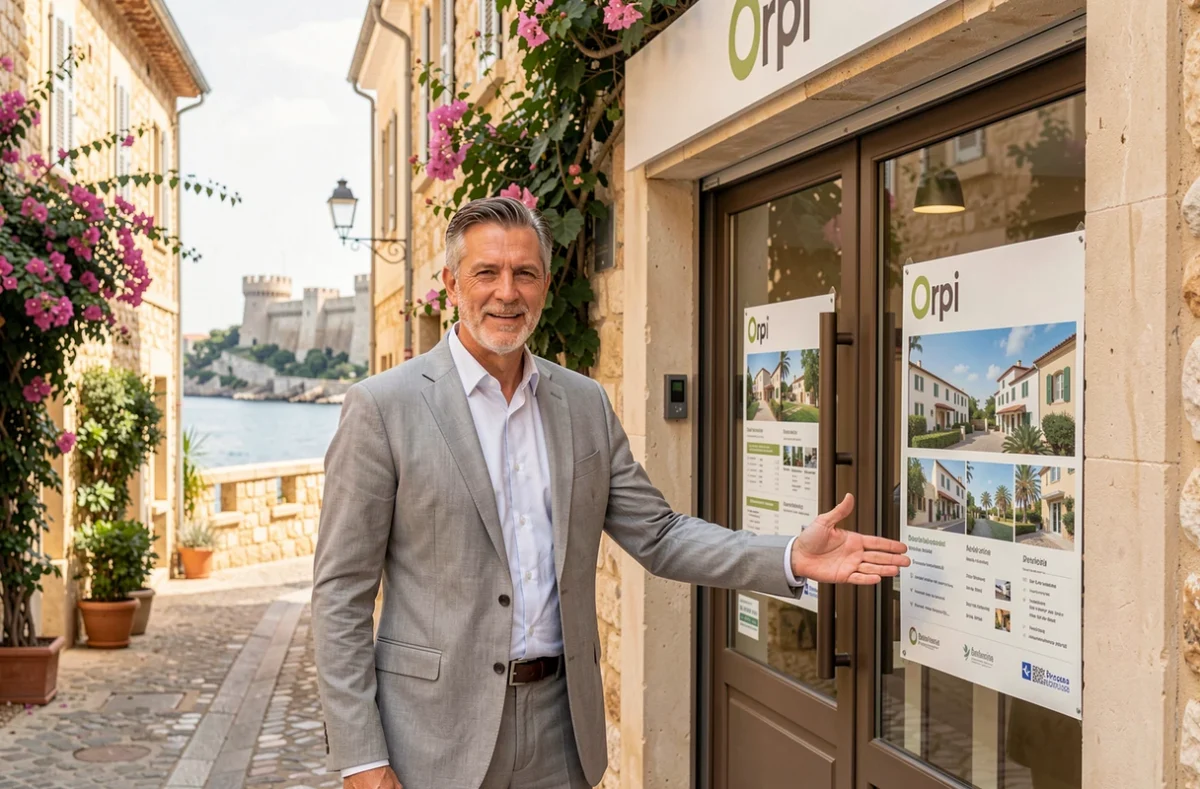 Agent immobilier de l'agence Orpi Antibes devant la vitrine avec les remparts de la vieille ville en arrière-plan