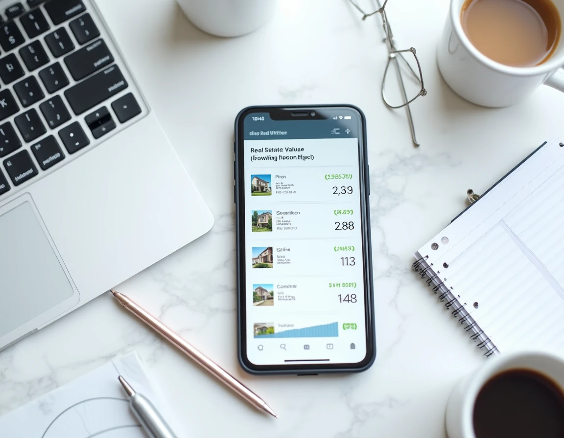 Vue aérienne d'un smartphone avec interface d'estimation immobilière et rapport comparatif imprimé sur un bureau en marbre