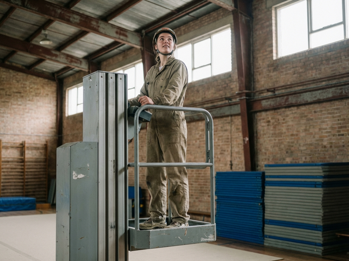 Jeune femme en overalls utilisant un élévateur dans un gymnase industriel