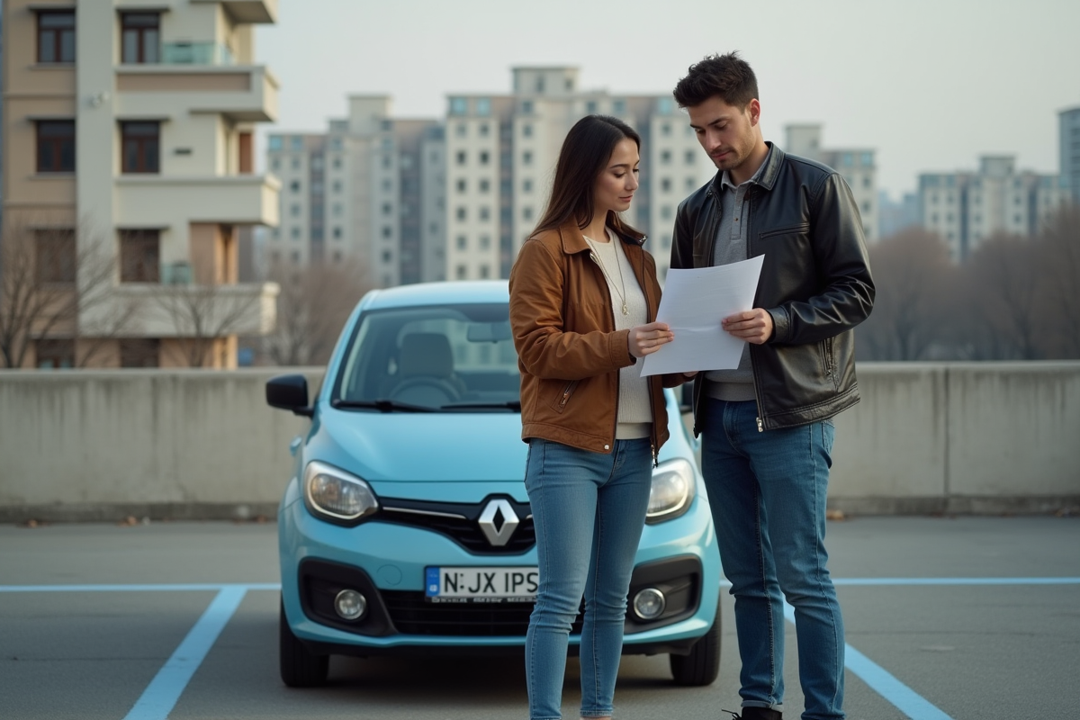 Jeune couple dans un parking urbain examine des papiers