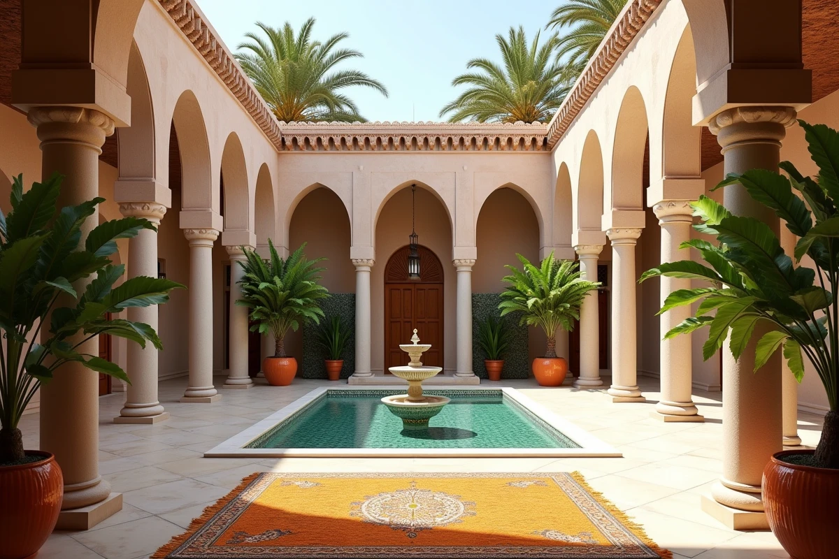 Patio intérieur luxueux d'une villa marocaine à vendre à Marrakech avec fontaine en zellige et galeries en stuc