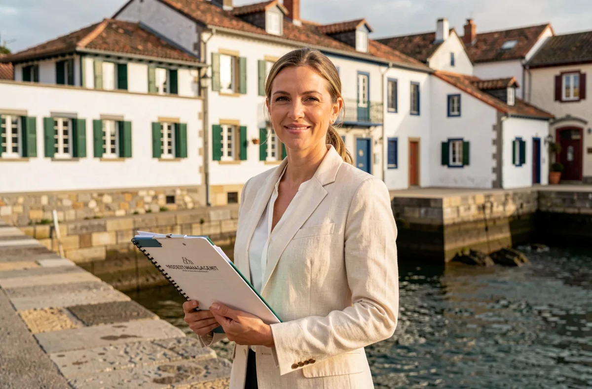 Une conseillère de Pays Basque Gestion devant l'architecture traditionnelle basque caractéristique de la région