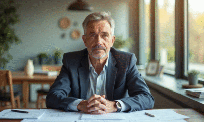 Personne sérieuse dans un salon lumineux avec documents immobiliers