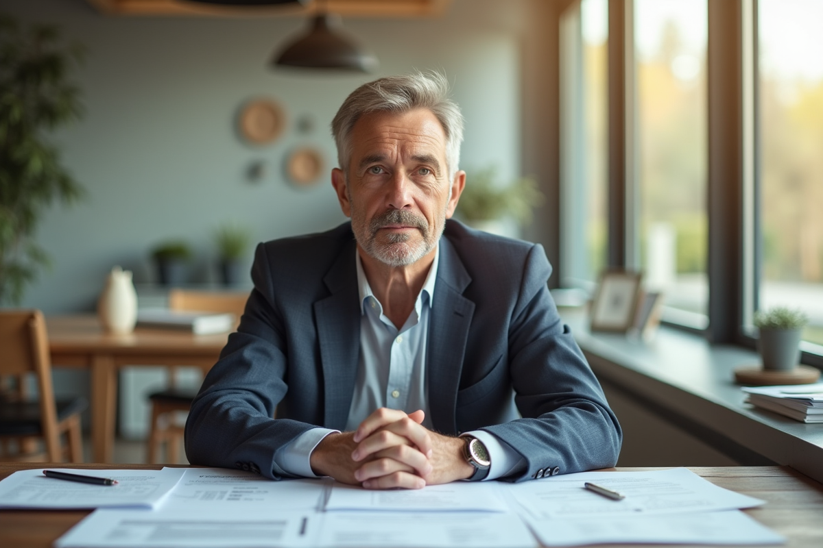 Personne sérieuse dans un salon lumineux avec documents immobiliers