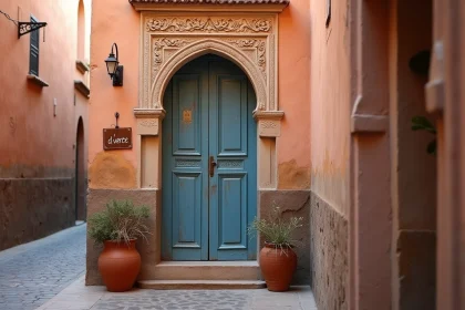 Entrée d'un petit riad à vendre dans une ruelle pittoresque de la médina de Marrakech avec une porte en bois bleue et un panneau de vente
