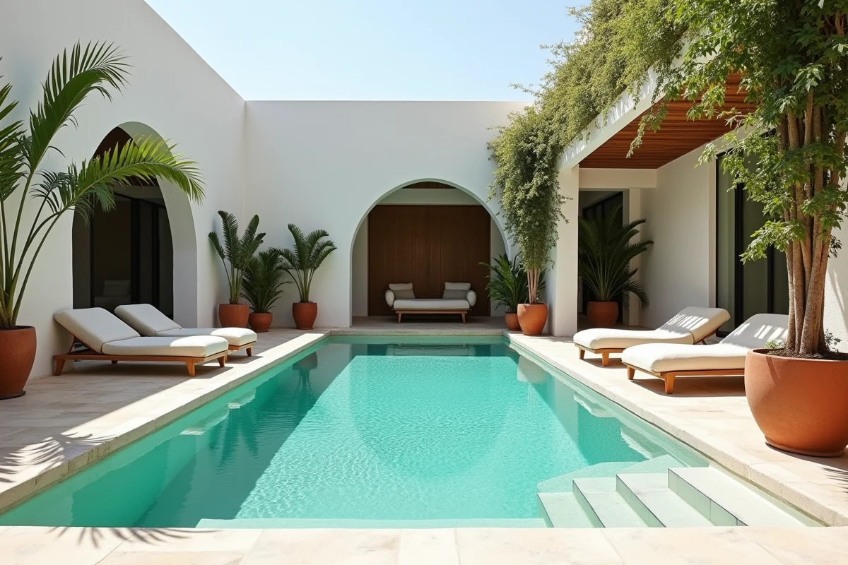 Piscine privée d'un appartement moderne à Marrakech entourée de bougainvilliers et de murs en tadelakt blanc