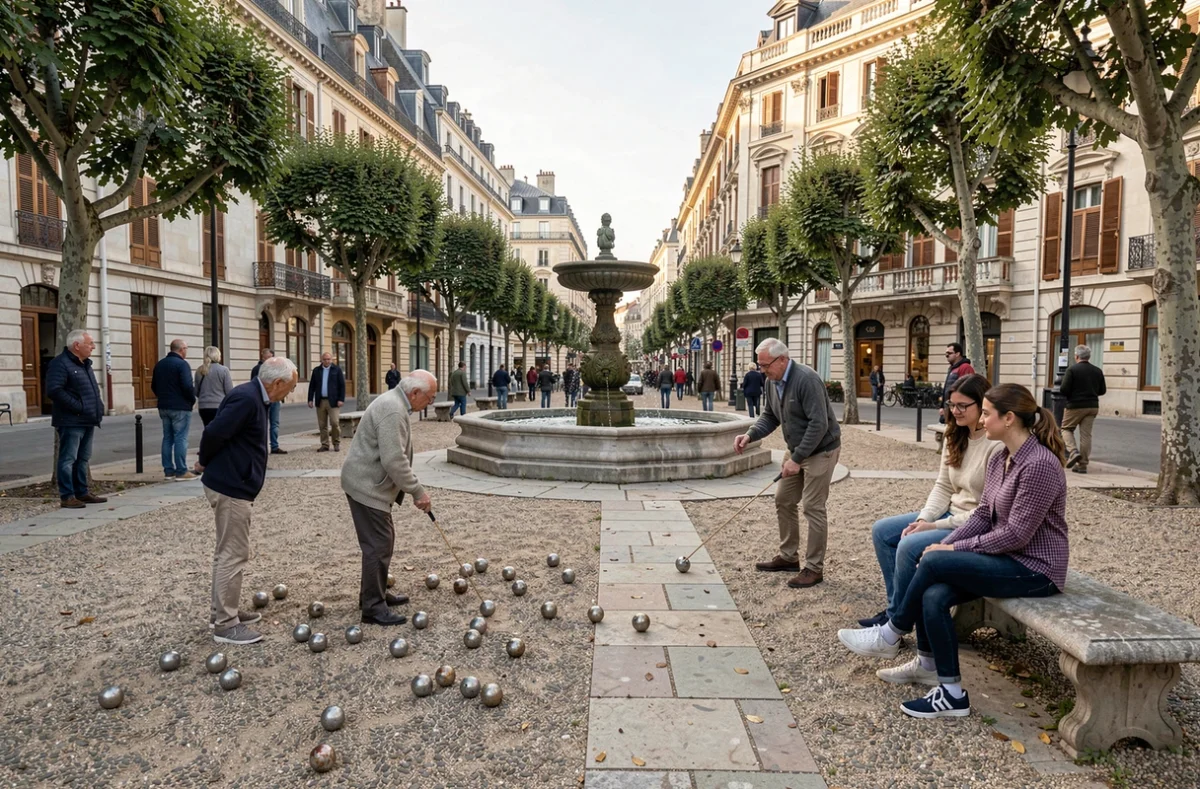Place publique animée d'un arrondissement de Marseille avec des habitants jouant à la pétanque dans un cadre urbain sécurisé