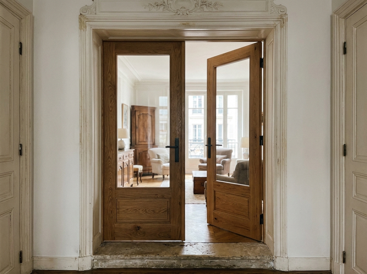 Portes françaises en chêne massif nouvellement installées dans un couloir haussmannien rénové